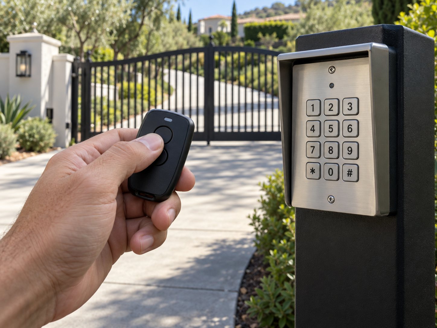Gate remote and keypad access control at a driveway entrance